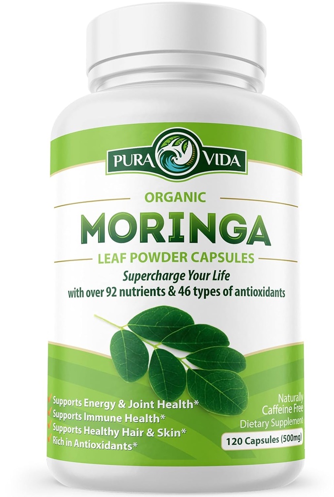 PURA VIDA MORINGA Capsules Single Origin Moringa Powder Organic. Pure Moringa Leaf. Energía, Metabolismo, &amp; Apoyo Inmunitario. 120ct. 500mg Caps.