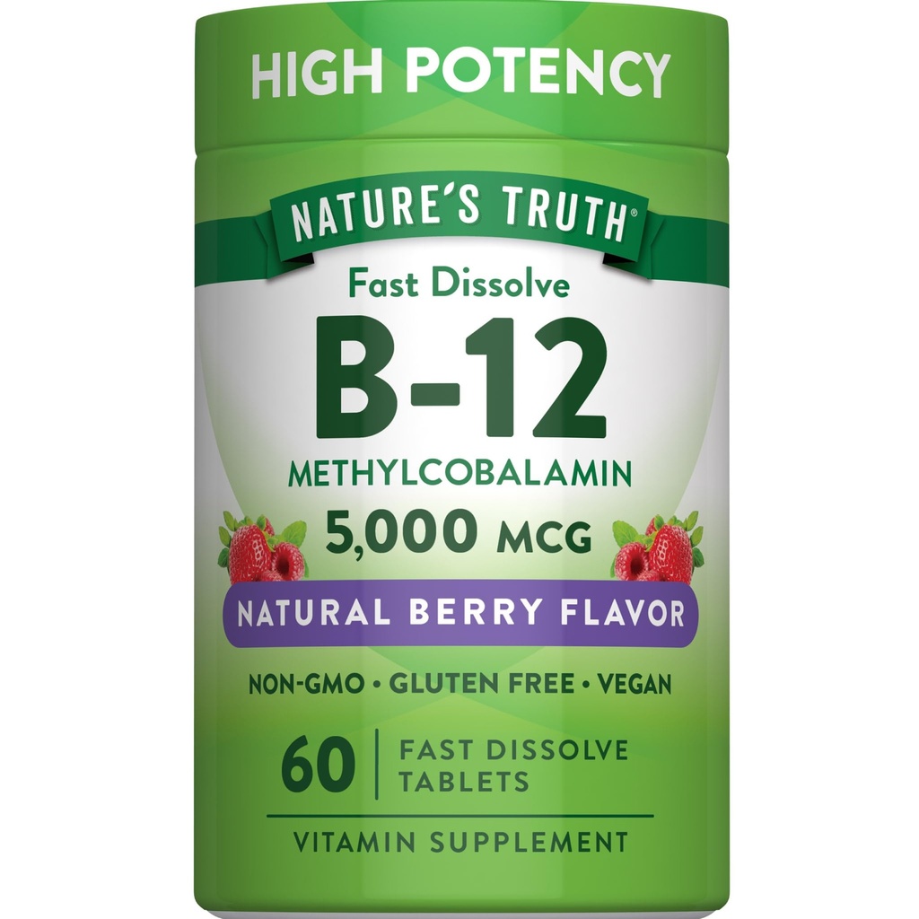 La verdad de la naturaleza B12 Vitamina 5000 mcg TEN 60 Tablets ANTE Fast Dissolve Natural Berry Flavor TEN Vegan, Non-GMO &amp; Gluten Free Supplement