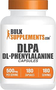 BulkSupplements.com DL-Phenylalanine Capsules - DLPA Capsules, DL-Phenylalanine 500mg - Suplementos DLPA, Suplemento Amino Acid - Gluten Free, 1 cápsula por Serving, 180 cápsulas