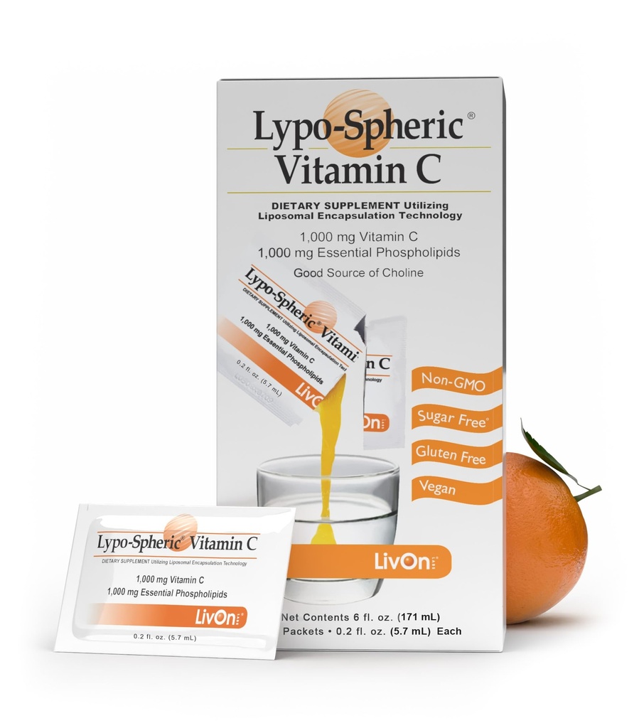 LivOn Laboratories Lypo–Spheric Vitamin C, 1000 mg Vitamina C & 1000 mg Fisfolípidos esenciales por paquete, Liposome Encapsulado para una absorción mejorada, 100% no GMO, 1 cartón, 0,2 Fl Oz (Pack of 30)