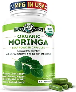 PURA VIDA MORINGA Capsules Single Origin Moringa Powder Organic. Pure Moringa Leaf. Energía, Metabolismo, &amp; Apoyo Inmunitario. 120ct. 500mg Caps.