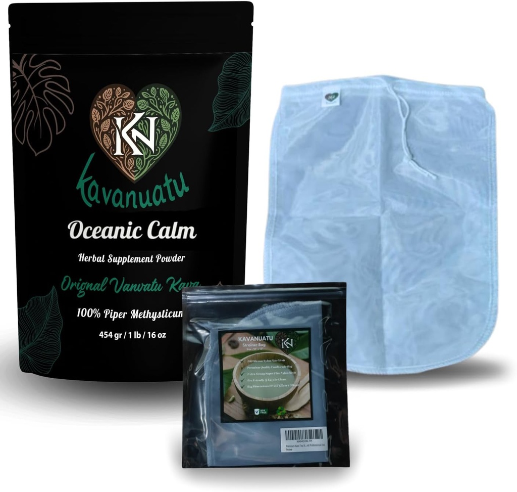 Kava Powder y Strainer Bundle   Premium Vanuatu Kava Root Powder (16oz) para la calma " Relajación con 100 Micron Fine Mesh Strainer Bolsa para la preparación de Smooth Kava