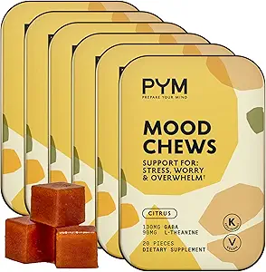 PYM Citrus Mood Chews Support for Stress, Worry &amp; Overwhelm, 120 Count Ø 130mg GABA, 90mg L-Theanine ← Vegan, Non-GMO, Gluten-Free, No Añadido Sugar ← All-Natural Mood Balance Supplement Made in USA