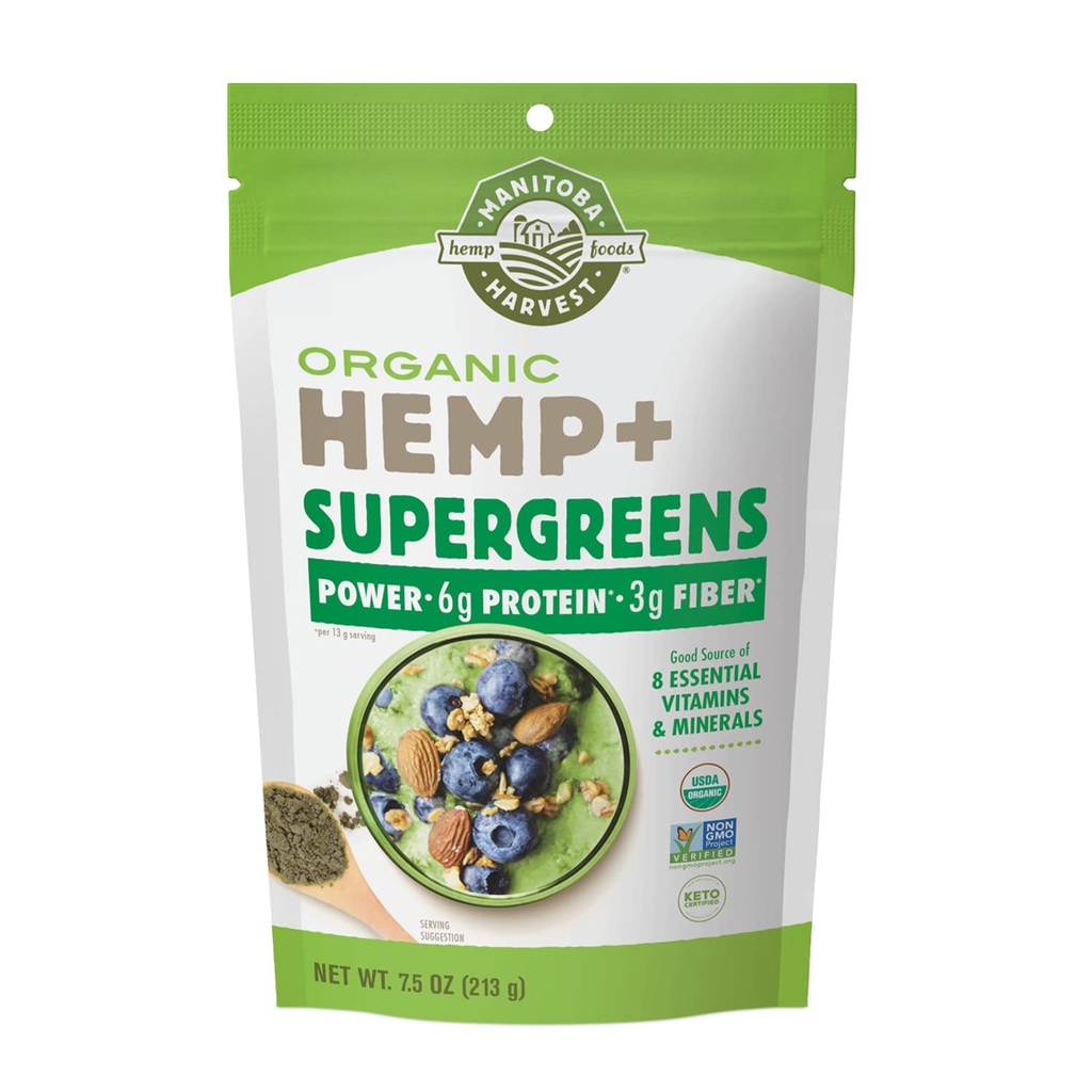 Manitoba cosecha cáñamo orgánico &amp; Supergreens Polvo, 7.5 oz, verde pólvora de Superalimentos con 6g de Proteína, 3g de fibra por ser, Vegan, no GMO Proyecto Verificado, Embalaje mayo Vary