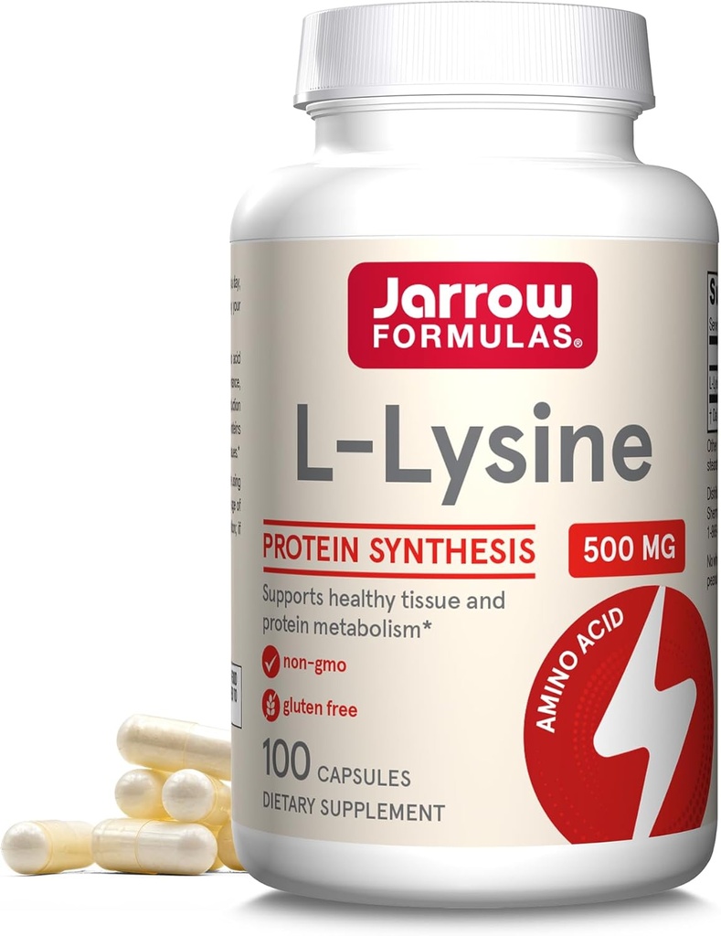 Fórmulas Jarrow L-Lysine 500 mg, Suplemento dietético, Aminoácidos para la síntesis de proteínas y soporte de tejido saludable, 100 cápsulas, 100 Day Supply