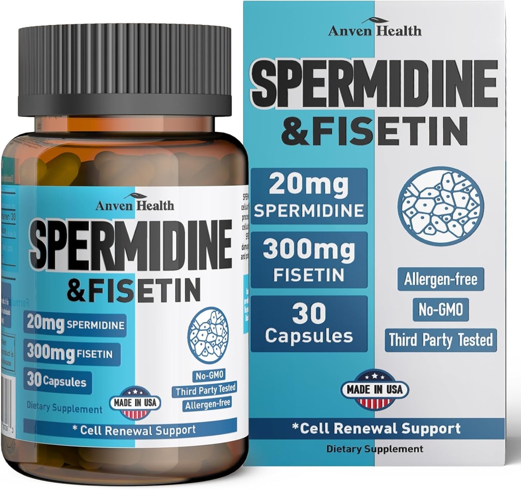 Spermidine & Fisetin Supplement - 20mg of 99% Spermidine Por Serving, 3HCL & 300mg Fisetin for Women Men Cell Renewal, Aging Defense & Longevity, Gluten Free, Non-GMO, Made in USA ← 30 Veggie Caps