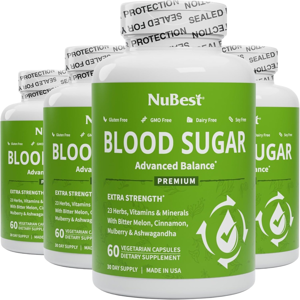 NuBest Blood Sugar - Fórmula Premium con Melon Bitter, Ashwagandha, Canela, Cromo, Magnesio, Vitaminas, Ácido Lipoico alfa, Pimienta de Cayena - Soporte Saludable Sugar de Sangre - Pack 4