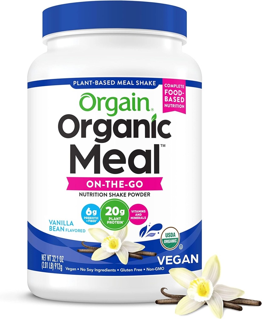 Orgain Orgain Organic Vegan Meal Replacement Protein Powder, Vanilla Bean - 20g Planta Basada Proteína, Gluten Gratis, Dairy Free, Lactose Gratis, Soy Gratis, No Sugar Añadido, Para Smoothies & Shakes - 2.03lb