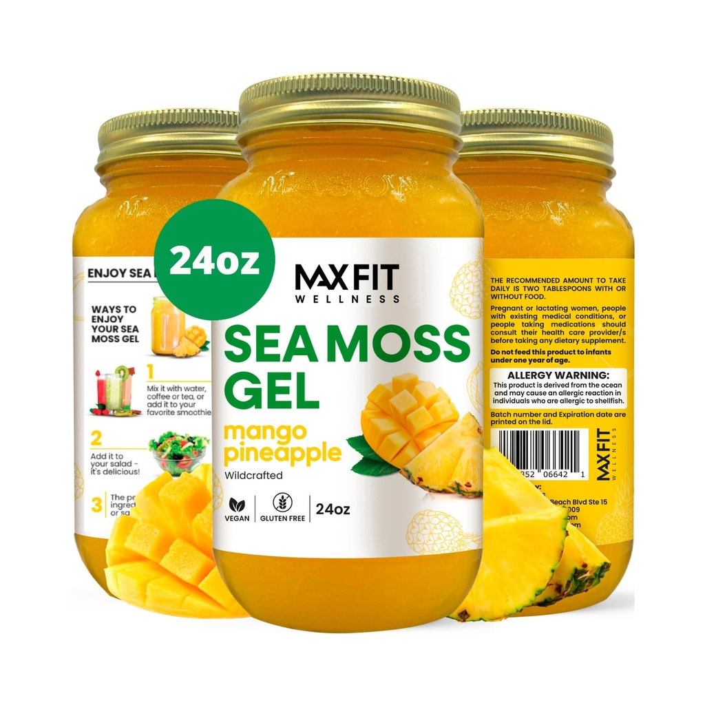MAX FIT Sea Moss Gel Raw (12 Sabores) 24oz Wildсrafted Gold Sea Moss Gel de Santa Lucía ← 92 Vitaminas y Minerales latitud Pure Raw+Non-GMO ← Vegan Superfood