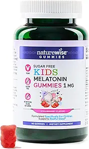 NatureWise Kids Melatonin 1 mg Gummies gratis de azúcar para niños Edades 4 &amp; Up - Non-Habit Forming Sleep Aid - Strawberry Flavored - Vegan, No Gluten, Non-GMO - 90 Conde[3-Month Supply]