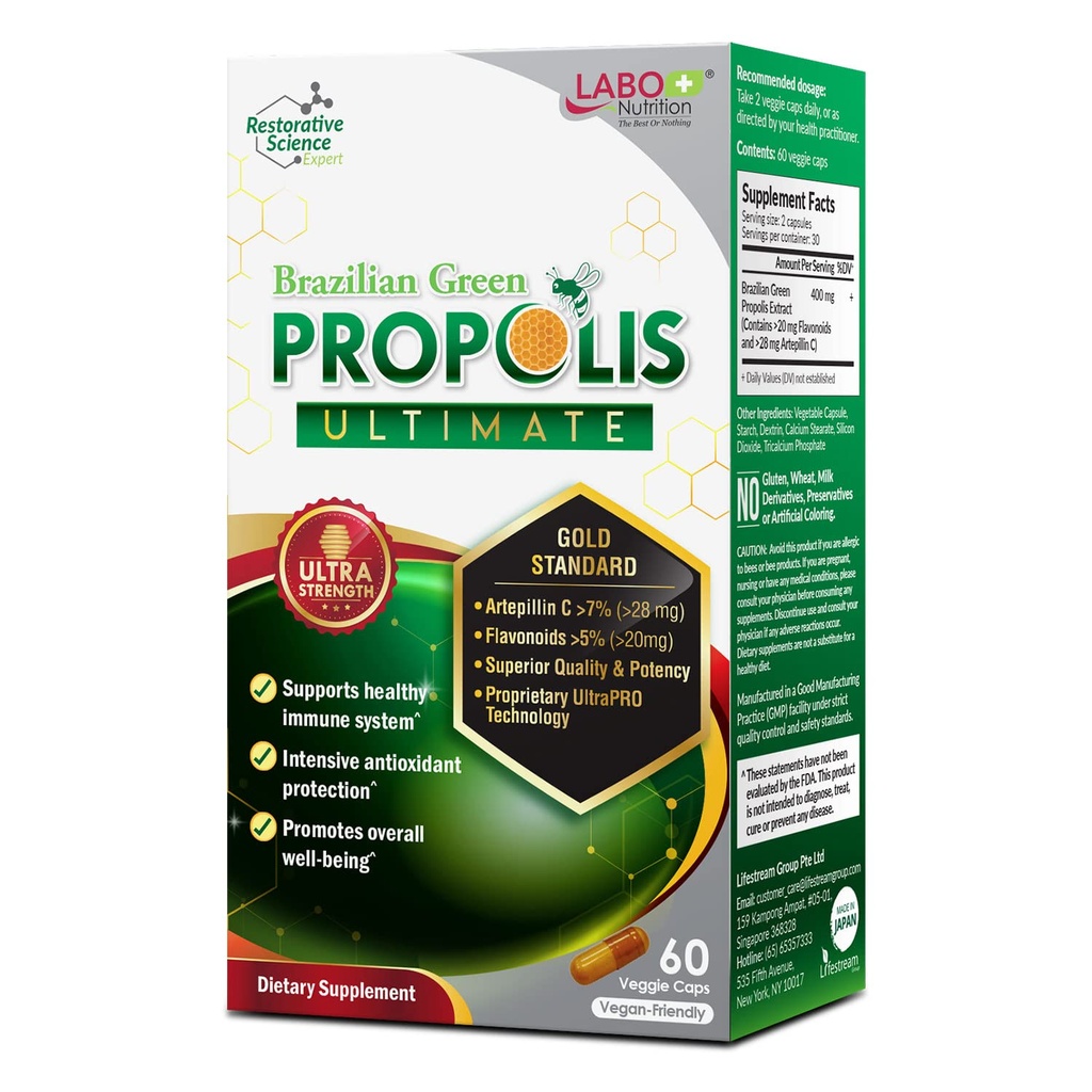 LABO Nutrition Brazilian Green Propolis Ultimate - Contiene √7% o 28mg por Serving Artepillin C & √5% Flavonoids, para Immune &amp; Brain Support, Natural, High Concentrate & Premium, 60 Veg Capsules