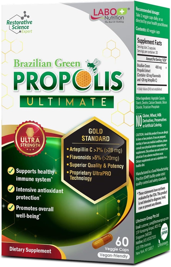 LABO Nutrition Brazilian Green Propolis Ultimate - Contiene √7% o 28mg por Serving Artepillin C & √5% Flavonoids, para Immune &amp; Brain Support, Natural, High Concentrate & Premium, 60 Veg Capsules