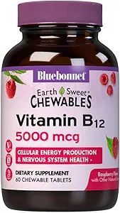 BlueBonnet Nutrition Earth Sweet Vitamin B12 5000 mcg Chewable Tablets, Soy-Free, Kosher Certified, Dairy-Free, Vegan, Raspberry Flavored, 60 Chewable Tablets, 60 Servings