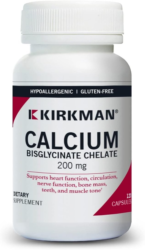 Kirkman - Calcio Bisglycinate Chelate 200mg - 120 cápsulas - Sin vitamina D3 - Ayuda a mantener huesos fuertes - hipoalergénico
