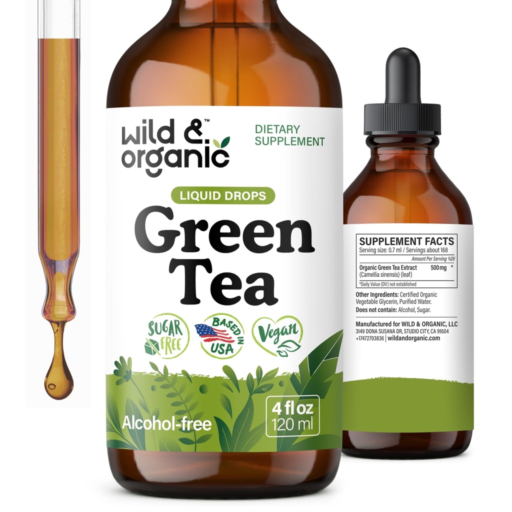 Wild & Organic Green Tea Extract Liquid Drops - Antioxidant Support - Pure Green Tea Supplement - 84-Day Supply - Vegan, Sugar & Alcohol-Free Camellia Sinensis Tincture - 4 fl oz