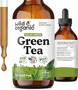 Wild &amp; Organic Green Tea Extract Liquid Drops - Antioxidant-Rich Green Tea Supplement - 2-Month Supply - Vegan, Sugar &amp; Alcohol-Free Camellia Sinensis Tincture - 4 fl oz