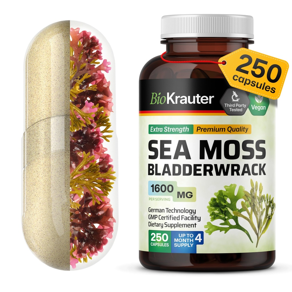 BIO KRAUTER Irish Sea Moss Capsules 1600 mg - 250 Conde - Vegan Bladderwrack con Chondrus Crispus Sea Moss Suplemento