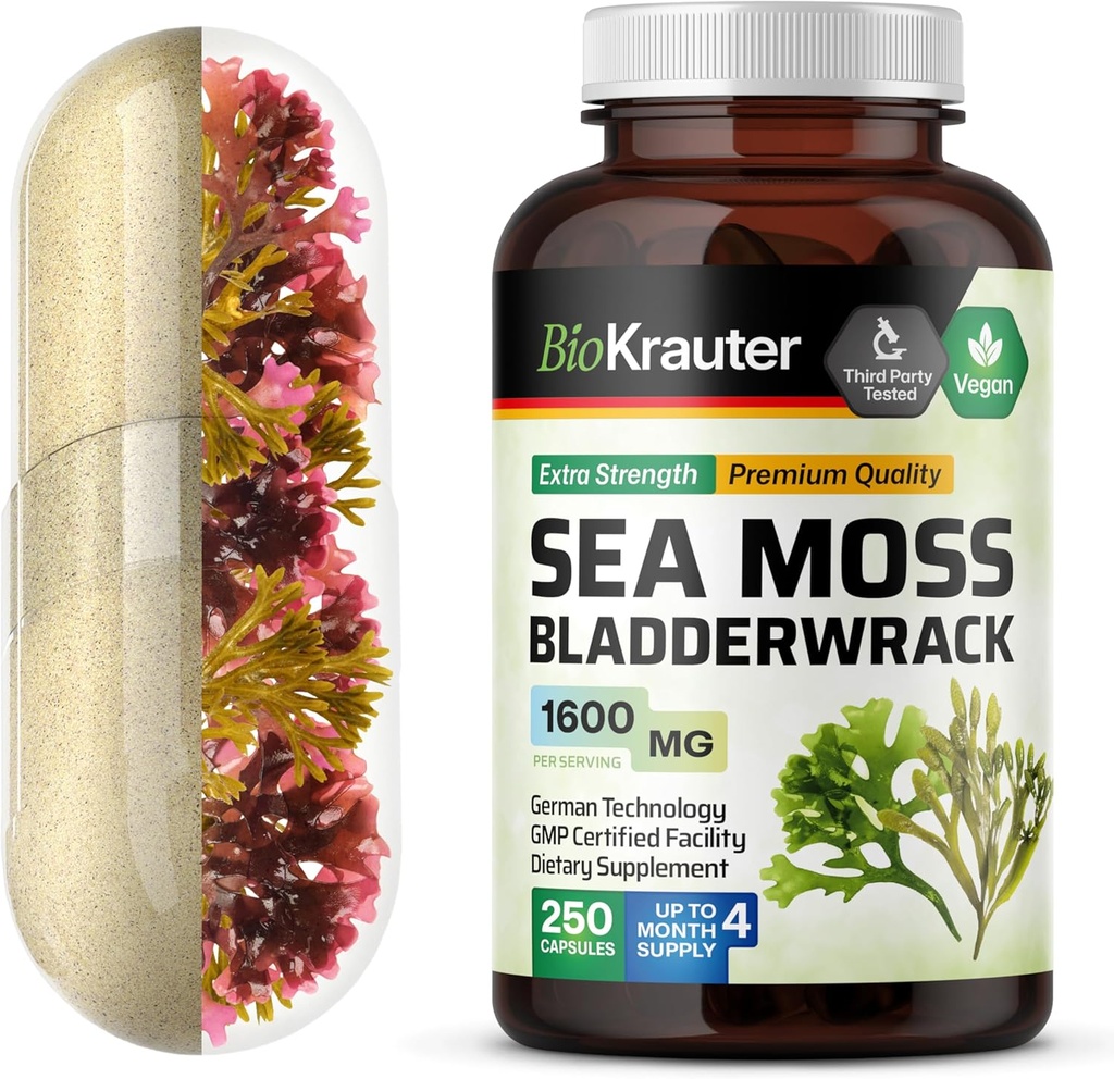 BIO KRAUTER Irish Sea Moss Capsules 1600 mg - 250 Count - Vegan Bladderwrack with Chondrus Crispus Sea Moss Supplement