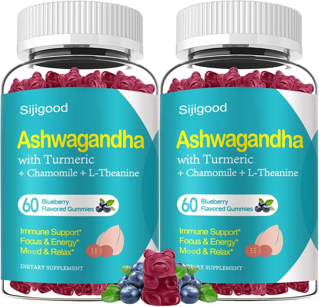 2 Pack Ashwagandha Gummies, Apoyo a la Inmunidad, Relajación, Calm Mood & Zzz, Ashwagandha Suplementos para Hombres &amp; Mujeres, Natural Blueberry Flavor, 120 Cuenta