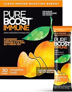 Pureboost Immune Clean Energy Booster, Refreshing Energy Drink Mix and Immunity Supplement with Elderberry, 1,200 mg Vitamina C, Vitaminas A + D y Zinc. (Tangerine Twist, 30 Count)