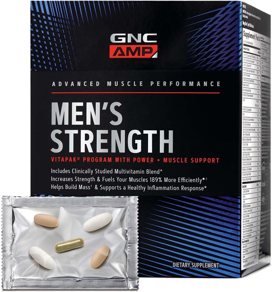 GNC AMP Men’s Strength Vitapak Program, 3 Products in 1 Pack, Absorbable Creatine, Mass Building, Power Muscles, Anabolic Primers, Testosterone Boost, Proven Ingredients, Multivitamin, 30-Day Supply