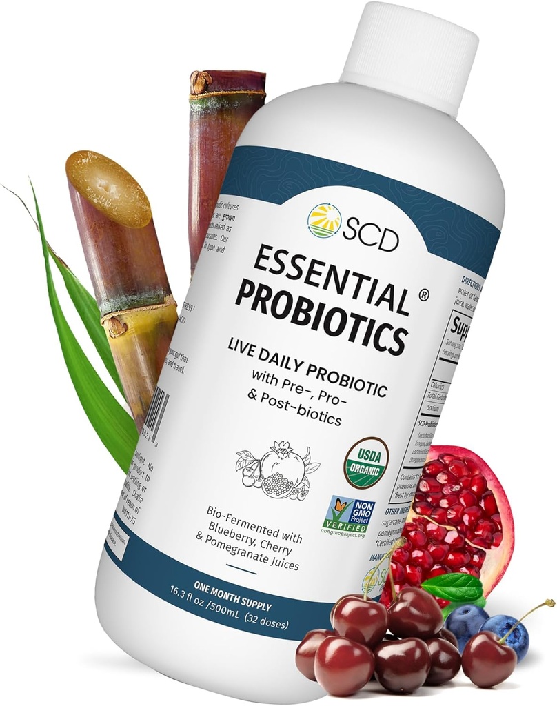 Probióticos esenciales SCD para mujeres, hombres, niños y niños pequeños, Probiótico en vivo para la digestión y la inmunidad, Suplemento Probiótico líquido de Gut Health con 11 Estrenos – 16.3 fl oz por SCD Probióticos