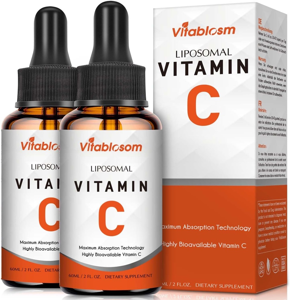 Vitamina Liposómica C 2000mg Líquido para Adultos, Alta Absorción VIT C, Maximizar la vitamina C, Sistema Inmunitario " Apoyo Antioxidante, 60ML (2 Botella)