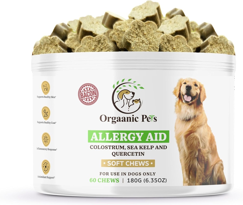 Herbal Dog Allergy Relief with SEA KELP - Colostrum QUERCETIN - Mushrooms - Omega + 11 Natural Allergy Relief Herbs - Soft Chews for Skin &amp; Seasonal Allergies
