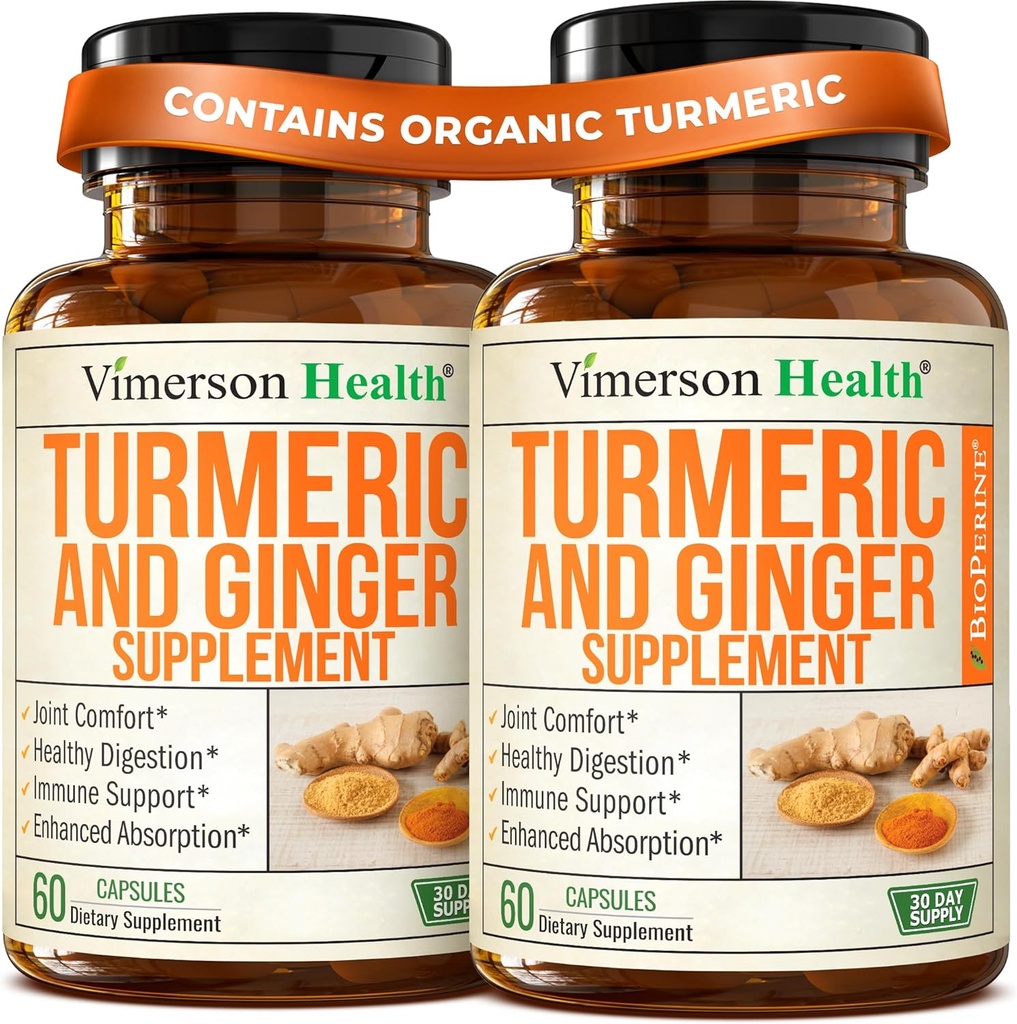 Suplemento de la Curcumina Turmérica con raíz de jengibre para el soporte conjunto, Digestivo " Gut Health - Contiene la Curcumina Turmérica Orgánica con Pepper Negro (Bioperina) para la absorción mejorada - 60 cápsulas, 2 Pack