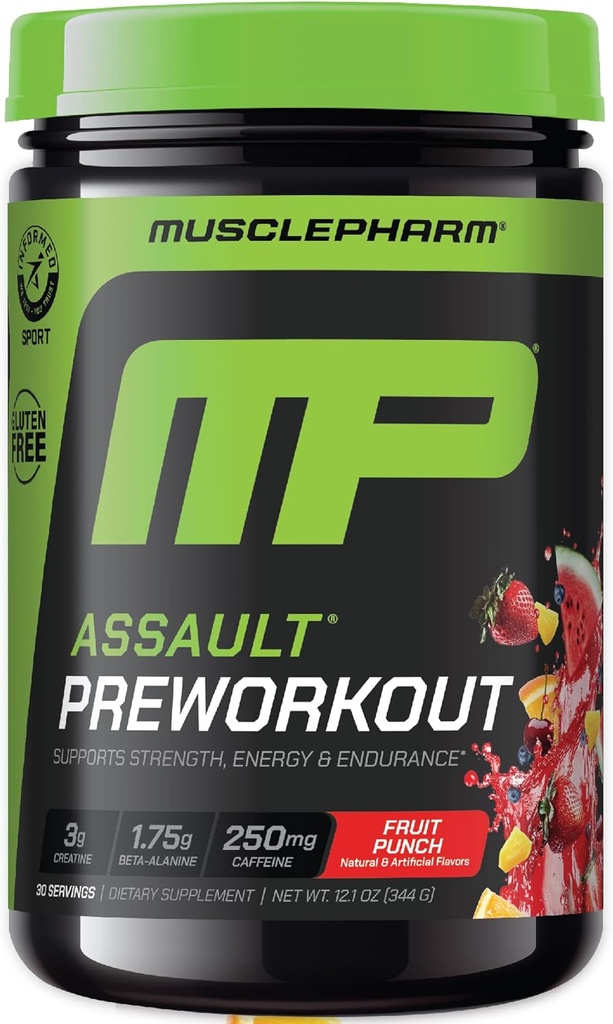 MusclePharm Assault Pre Workout Powder for Men &amp; Women – Energy & Strength Boost Pre-Workout Supplements with Beta Alanine, Caffeine, Creatine & Betaine Anhydrous – 30 Servings, Fruit Punch Flavor