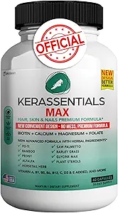 Kerassentials Max - Peluquería, Piel &amp; Nails Support Suplemento ← Biotina, Calcio, Magnesio, Folate &amp; Herbal Blend ← Premium Fórmula 60 Capsules, Vegan &amp; Sin gluten