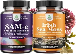 Bundle of Pure SAM-E Nootropic Brain Supplement and Organic Irish Sea Moss Capsules - Apoyo Inmune y Mood Support Supplement - Sea Moss and Bladderwrack Capsules with Burdock Root Superfood Blend