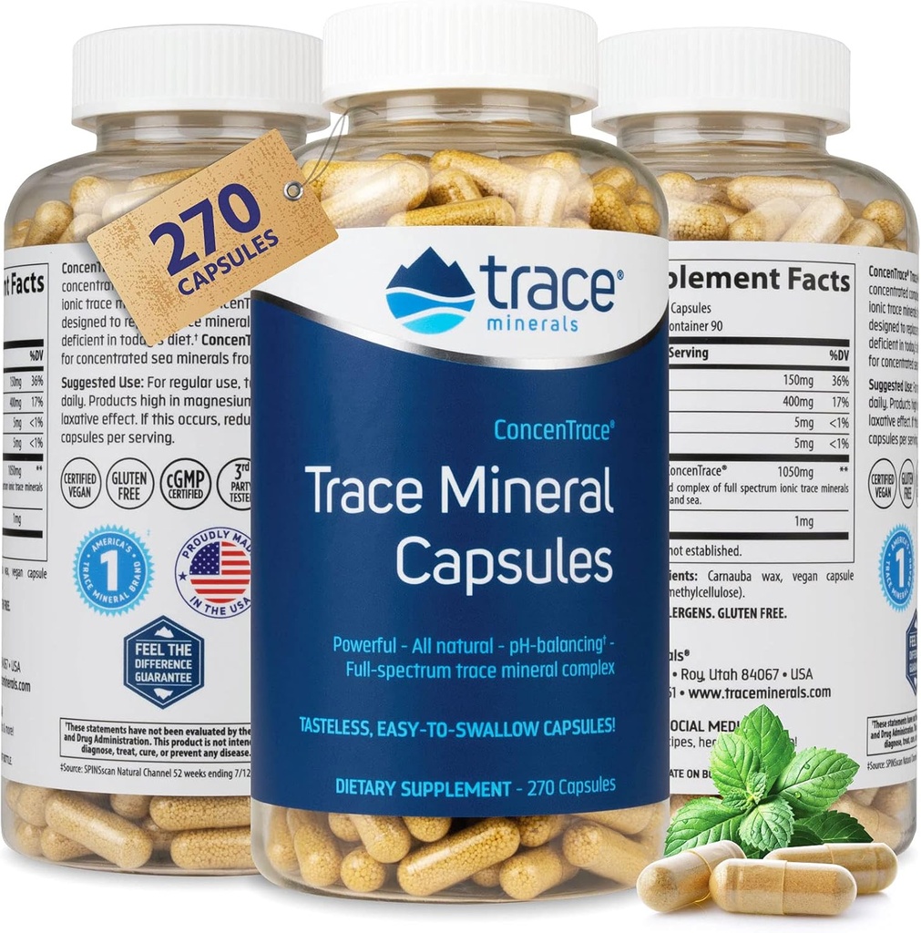 Trace Minerals Low-Sodium ConcenTrace Capsules - Suplemento de Apoyo a la Salud Bone & Body Energy - Healthy Hydration & Electrolyte Support Supplement - 270 Capsules (90 Servimientos