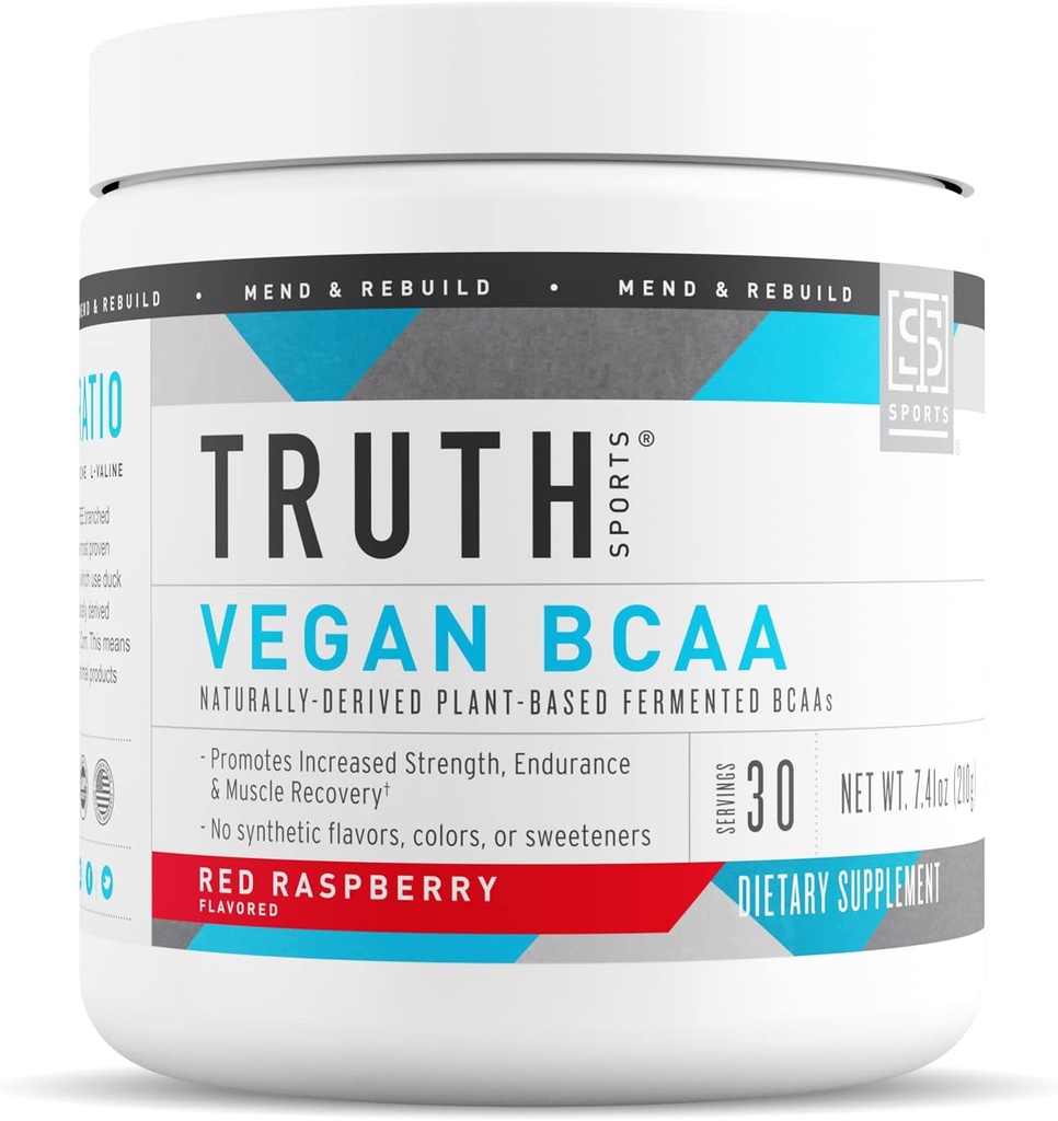 Verdad Nutrición Vegan BCAA Powder- 2:1:1 Ratio Natural BCAAs Aminoácidos Polvo para Energía, Construcción del Musculo, Post Workout Recuperación Bebida para la Recuperación del Musculo (Red Raspberry, 30 Servimientos)