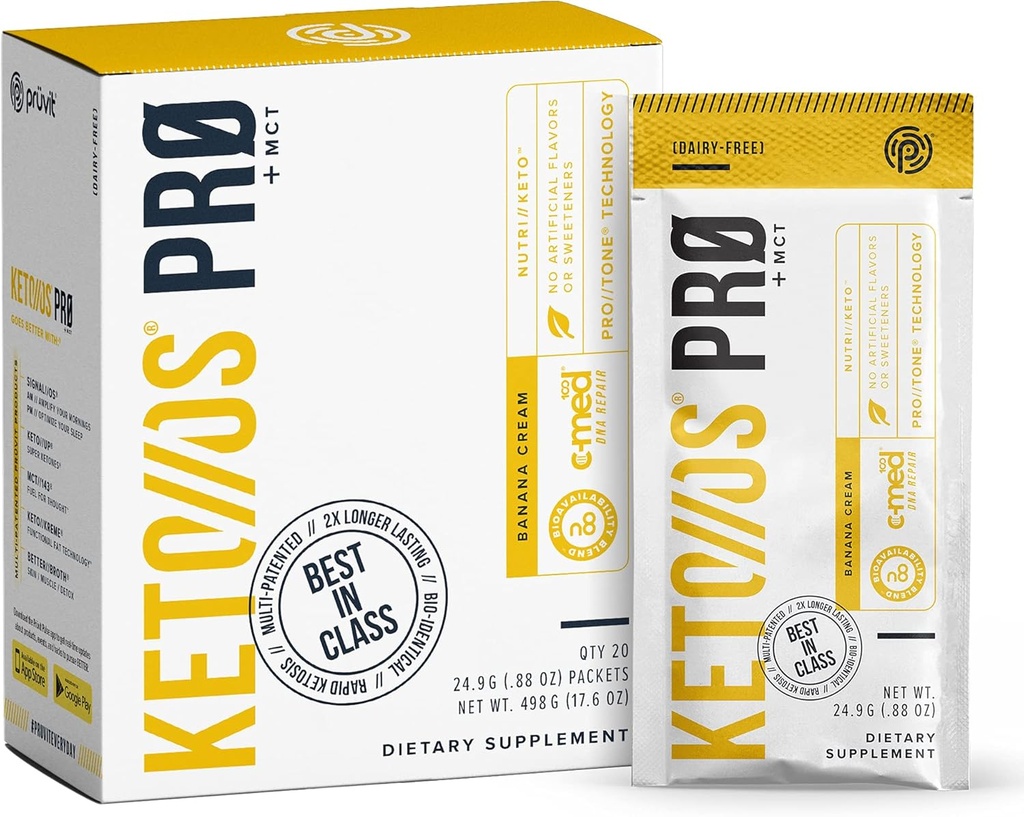 Pruvit Keto//OS Pro Banana Cream + MCT Ketones - Keto//OS Pro Suplemento para el Boost de Energía, Mejor Digestión y Ayuda a Combatir el Proceso de Envejecimiento - 20 Packets