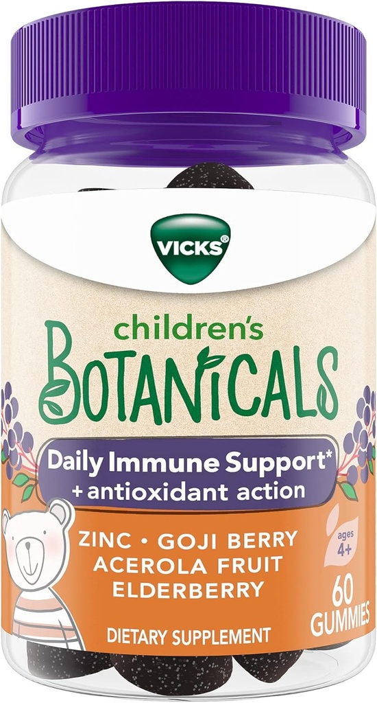 Vicks Botánicos Infantiles Soporte diario* + Acción antioxidante, Gummies, Made with Zinc, Goji Berry, Acerola Fruit, and Elderberry, 60 cts