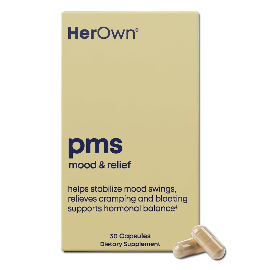 her own PMS, Supports PMS Symptoms, Promotes Positive Mood, Natural Hormone Balance, Helps Relieve Cramping, Hot Flashes Menopause Relief, Gluten and Soy Free, Vegan, 30 Capsules, 30 Servings