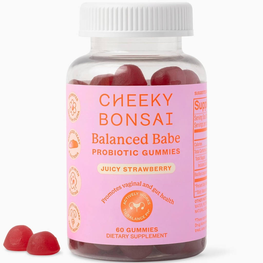 Cheeky Bonsai, Vaginal Probiotic Gummies for Women - Balanced pH, Healthy Odor y Flora Support - 5 Billion CFUs - Juicy Strawberry Flavor, 60 Conde