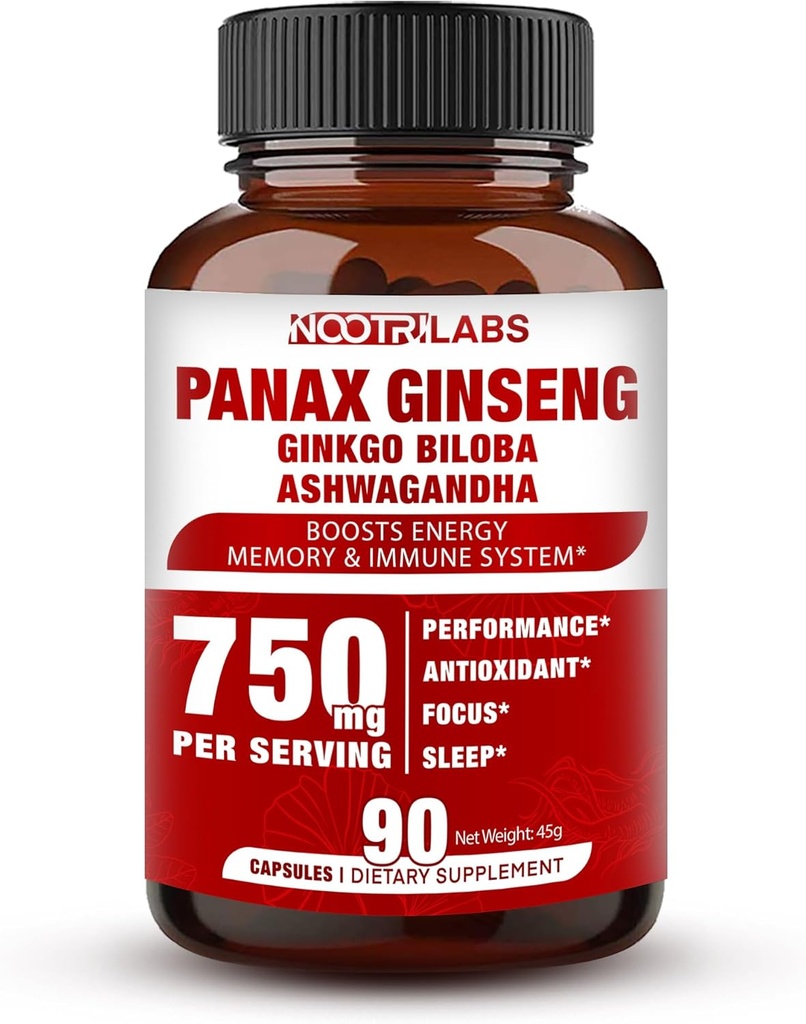 Coreana Panax Ginseng 750mg Potency Highest con Ginkgo Biloba y Ashwagandha, Boost Energy, Memory, e Immune System - Focus Supplement Pills for Men and Women, 90 Vegan Capsules