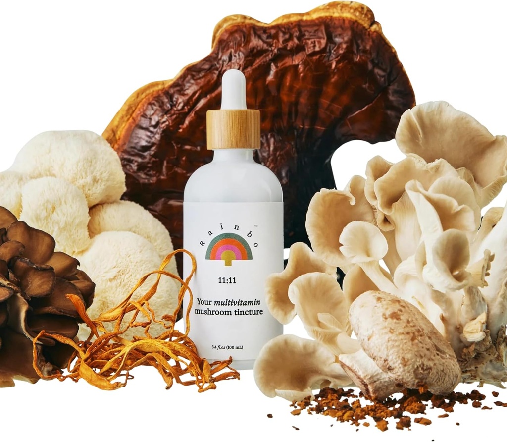 Rainbo - 11:11 Multi Mushroom Tintura - 11-en-1 Dual Extract Mushroom Blend - Soporte integral de inmuno, soporte cerebral, mane de león líquido " Turquía Tail, Vegan, No GMO, 3.4 fl oz