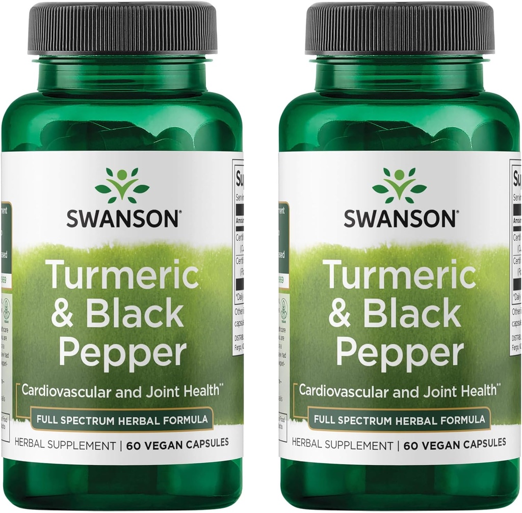 Swanson Turmeric " Black Pepper - Organic Joint Health, Heart Health, Digestion, " Liver Support Supplement - Natural Formula for Enhanced Bioavailability " Absorption - (60 Veggie Capsules) 2 Pack