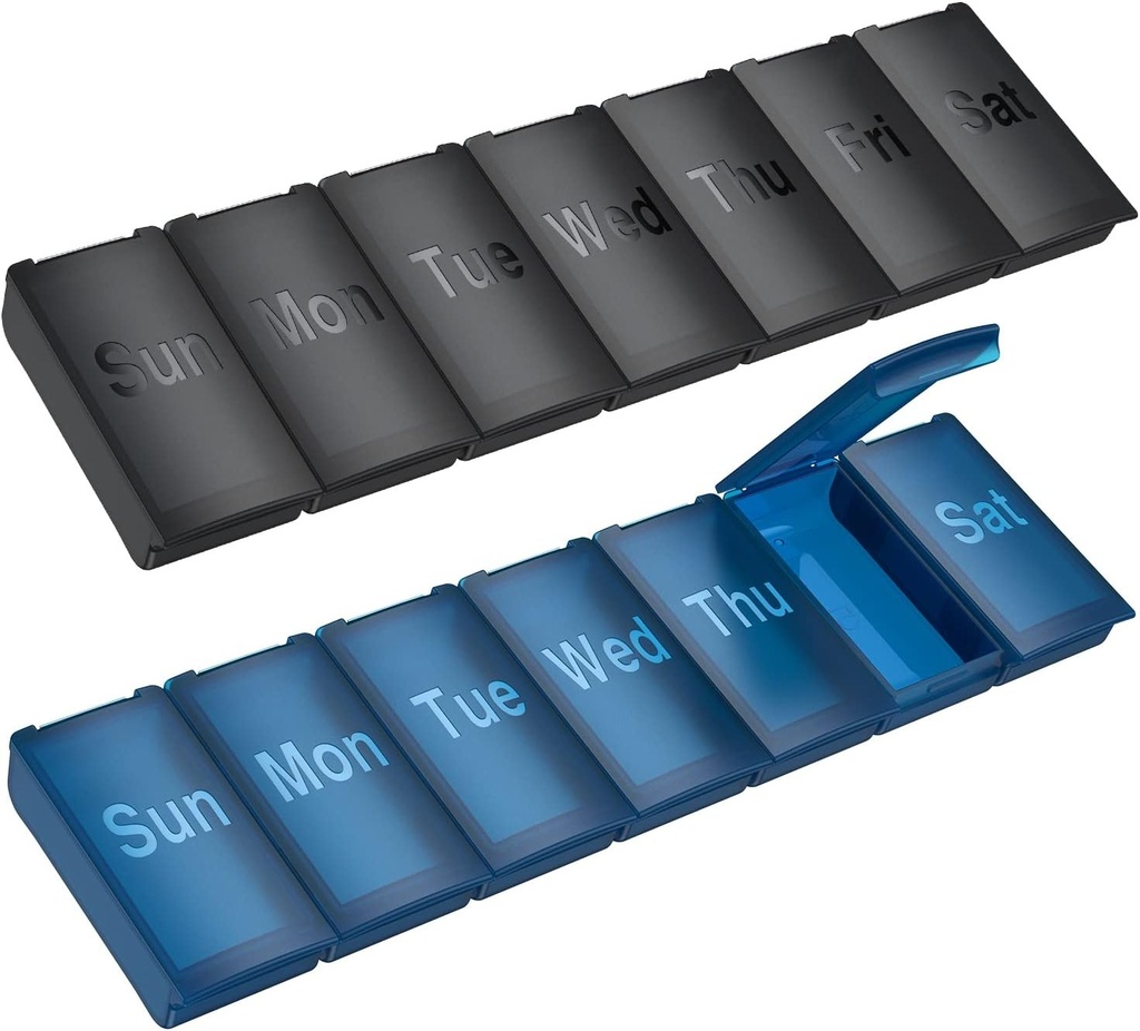 2 Pack organizador semanal de píldoras, gran caja de píldoras diarias, viajes portátiles amigable 7 días pastillas contenedores de medicina Holder, bolso de camping al aire libre pequeño caja de píldoras para suplementos aceite de pescado(Black+Blue)