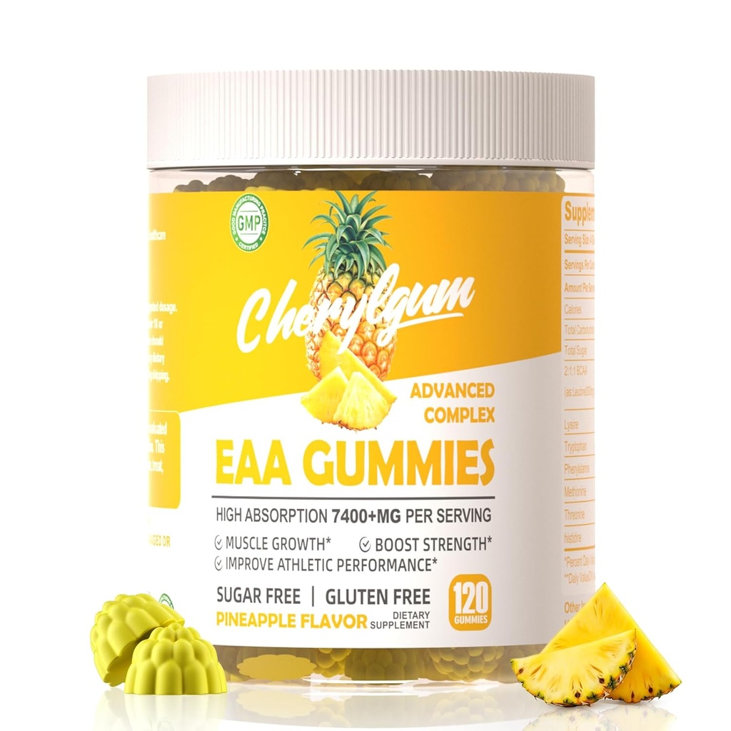 EAA Gummies 120 Pineapple Gummies, 7400 mg Essential Amino Acids - All 9 Essential Aminos (EAA) and All Branched-Chain Aminos (BCAAs), Non-GMO, Gluten Free, Vegetarian Friendly.