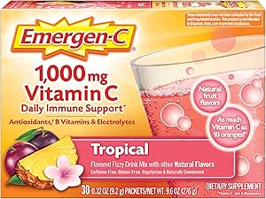 Emergen-C 1000mg Vitamina C Powder, con Antioxidantes, vitaminas B y electrolitos, suplementos de vitamina C para soporte inmunitario, mezcla de bebidas sin cárter cafeína, sabor tropical - 30 Conteo/1 Mes