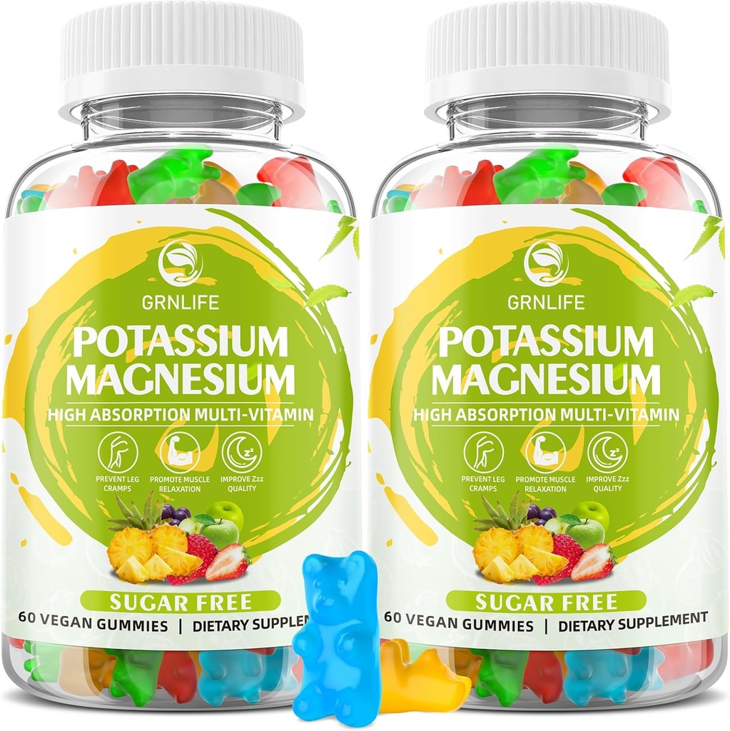 Potasio Magnesio Suplemento Gummies, Potasio Gummies para Adultos Niños, Alta Absorción Magnesio Glycinate para Leg Cramps & Immune Health, Libre de Azúcar, Vegan Mixed Flavors, 120 Conde