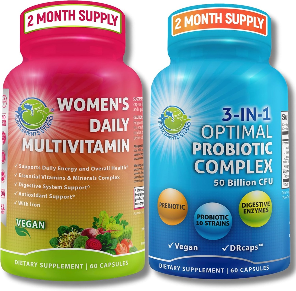 Multivitamina de apoyo Probiótico de mujeres Bundle – Probiótico de 3 en-1 con Enzimas Digestivas " Prebiótico " Mujeres Multivitamina diaria con hierro – Vegano, No GMO, Clean Daily Wellness Support