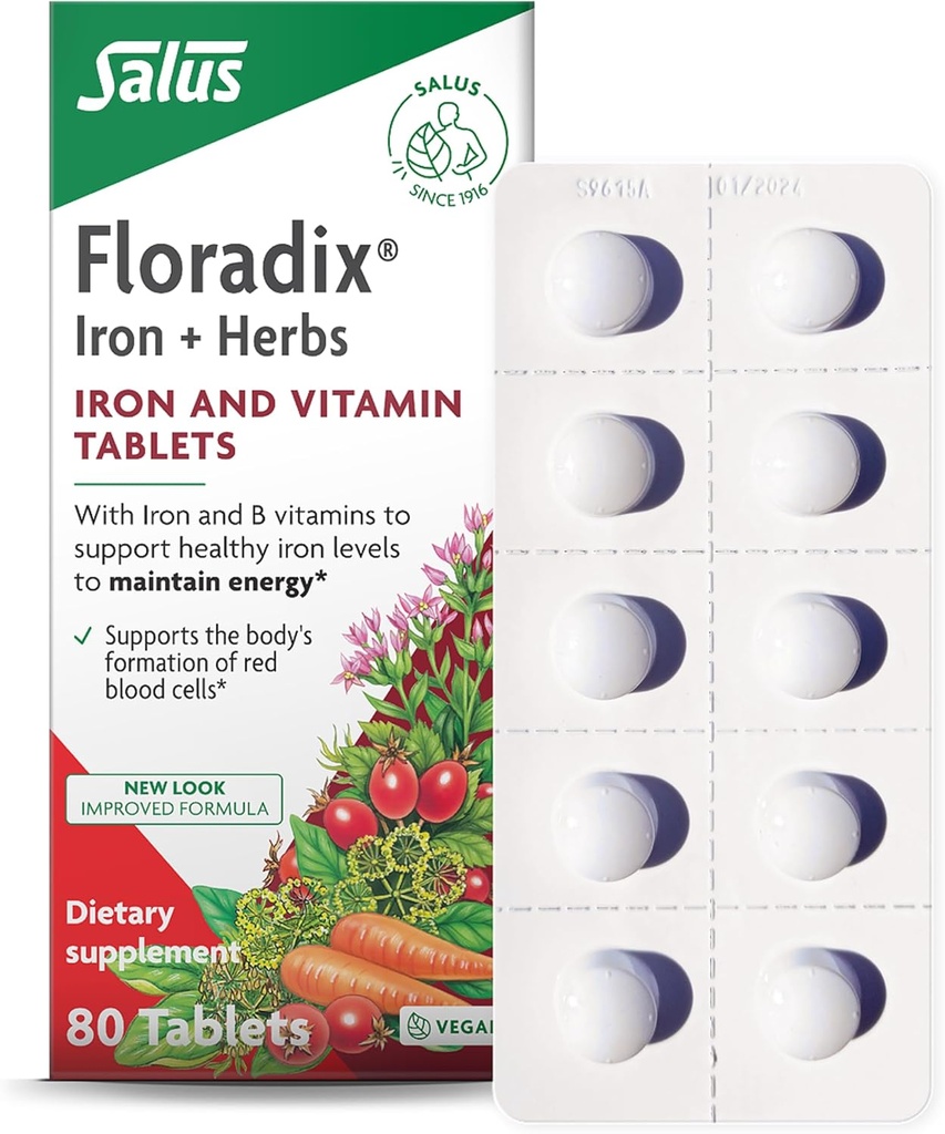 Floradix Iron Tablets - Iron Supplement with B Vitamins, Folic Acid, Vitamin C & More - Energy Support - Vegetarian & Gluten-Free - 80 Tablets (80 Servings)