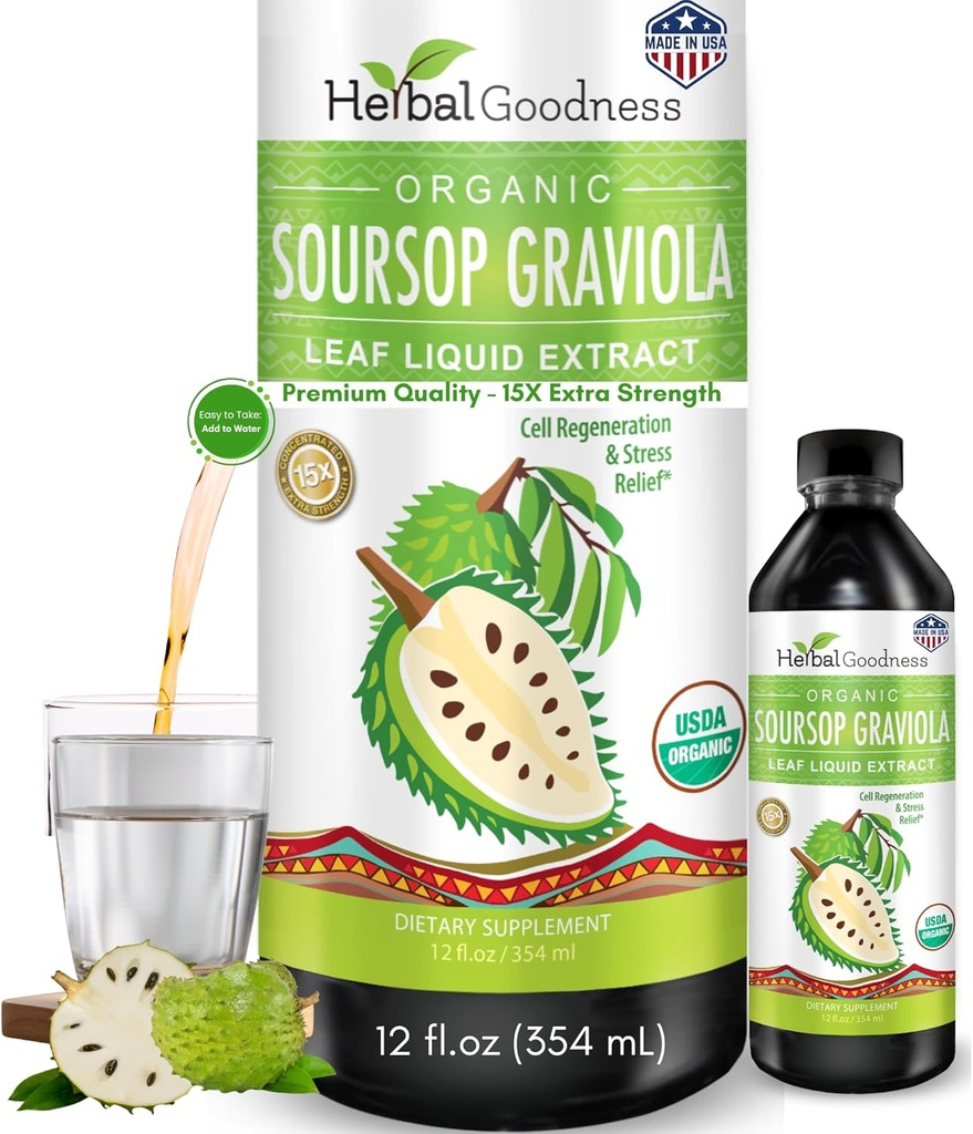 Herbal Goodness Soursop Graviola Liquid Drops 12 Fl Oz - 15X Strength Organic Guanábana Soursop Leaves Extract for Gut Health, Cell & Immune Support Serene Soursop Drops - Vegan, Non-GMO, Made in USA
