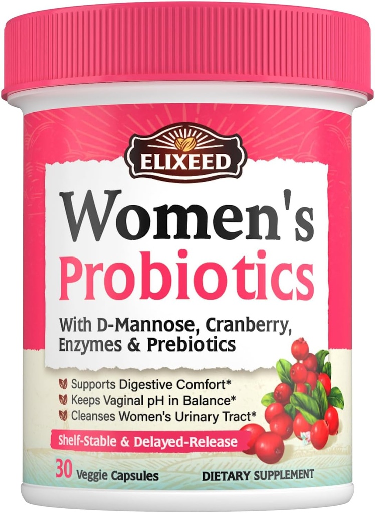Probióticos para Mujeres, 120 Billones CFU con Prebióticos Cranberry D-Mannose " Enzymes, Vaginal Digestivo " Urinary Tract Health, 30 cápsulas de liberación retardada