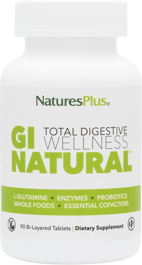 NaturesPlus GI Natural Total Digestive Wellness - 90 Bi-Layered Tablets - con L-Glutamina, Probióticos, Prebióticos & Enzymes - Gluten Free - 30 Servings